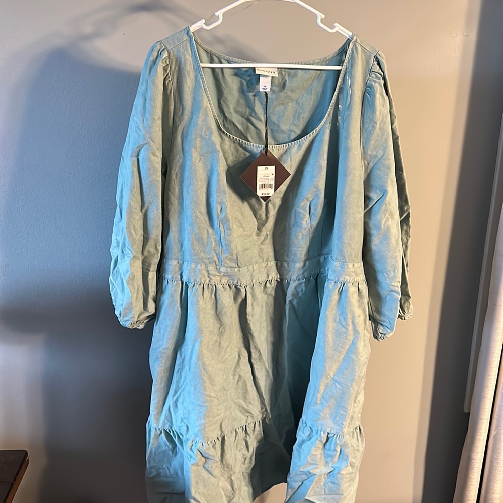 Ava & Viv- acid washed teal, plus sizes, balloon sleeve, a-line dress